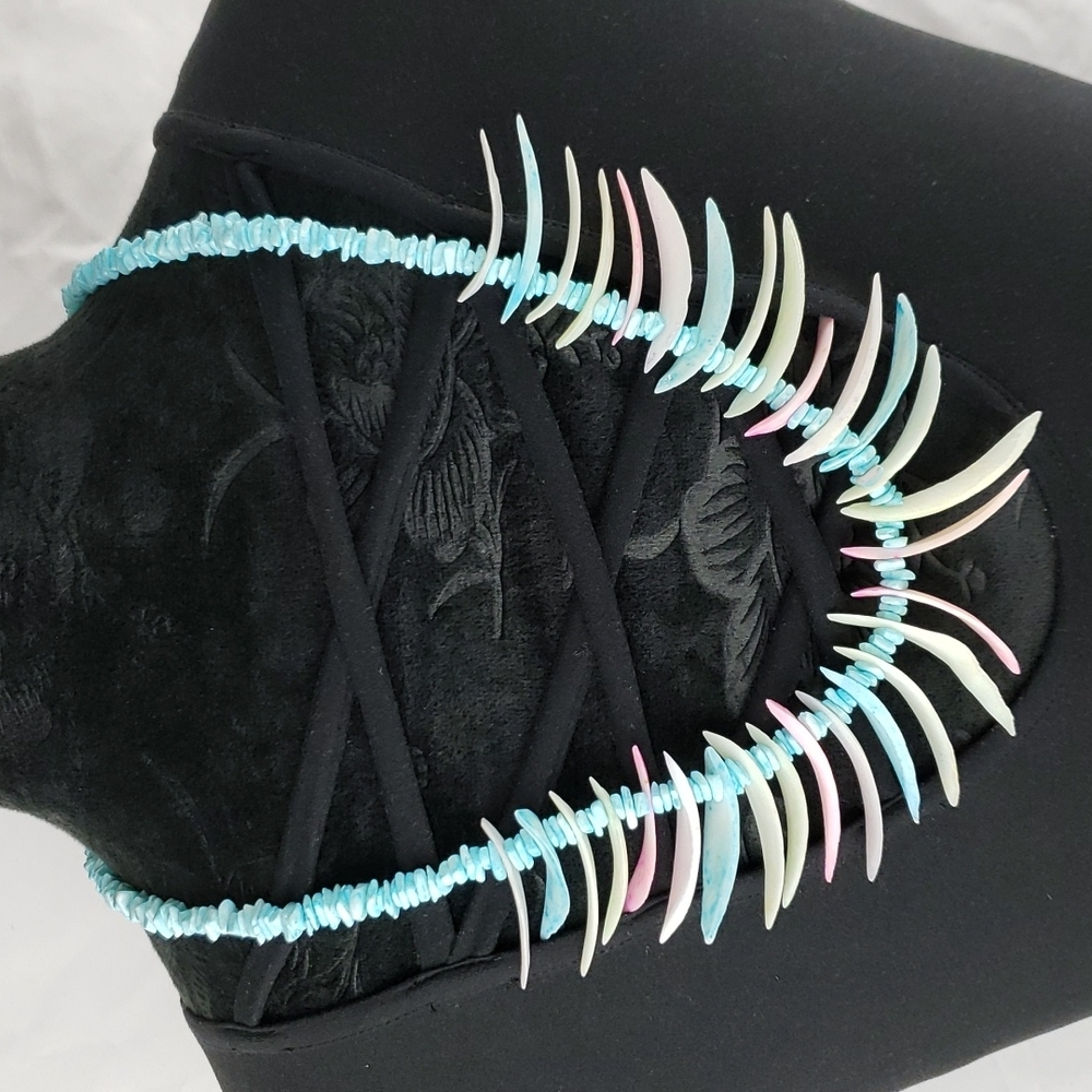 Stunning Pink and Blue Shell Spike Necklace 28 Inch Length